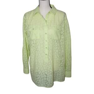 Dana Buchman Large Long Roll Tab Sleeve Neon Green Lightweight 3/4 Button Down